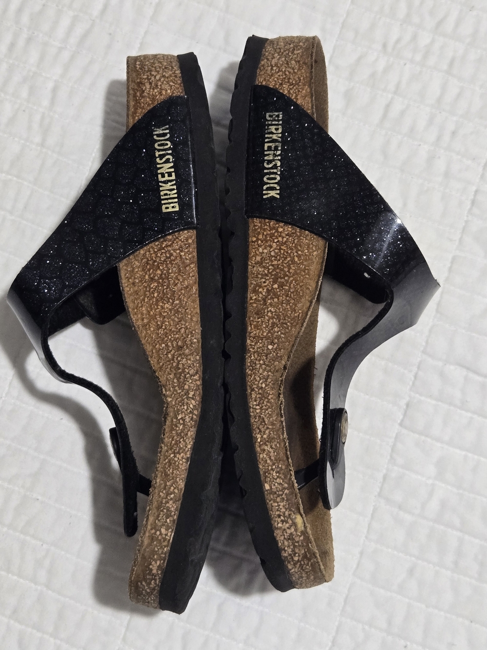 Birkenstock Black Patent Thong Sandals with Gold Buckles - Picture 4 of 7